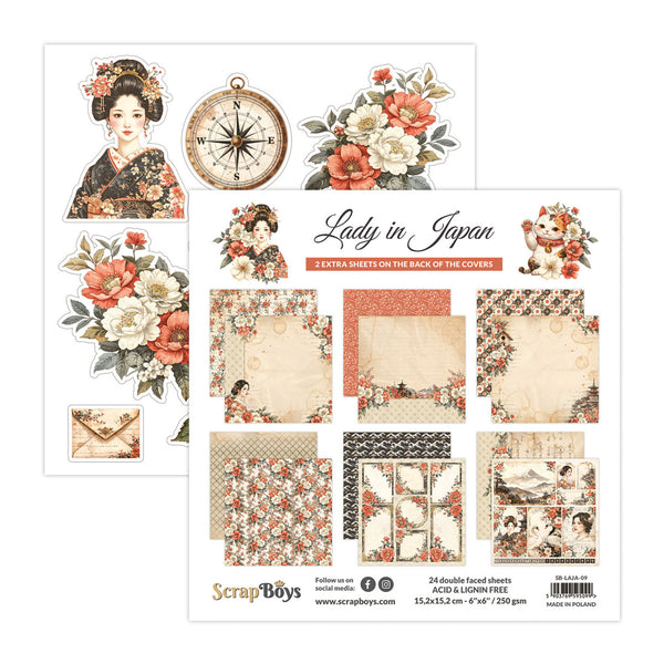 Scrapbooking paper pack with 'Lady in Japan' theme featuring floral designs and a geisha figure.