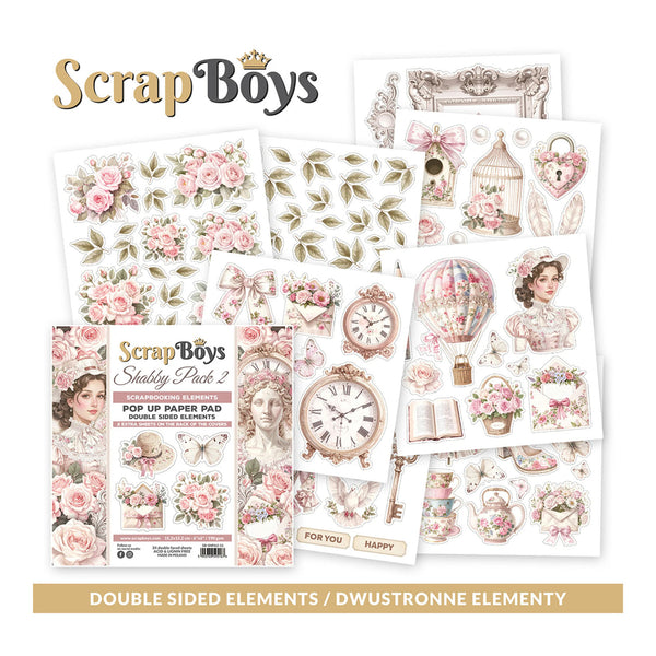 Scrapbooking paper pack with floral and vintage-themed designs by ScrapBoys on a white background.