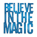 Blue text 'BELIEVE IN THE MAGIC' with a glittery texture on a white background
