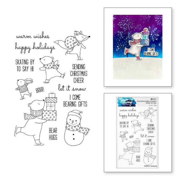 Set of Christmas-themed stamps with bear and fox illustrations on a white background.