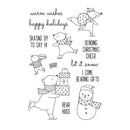 Black and white illustration of Christmas-themed stamps with animals and text on a white background.