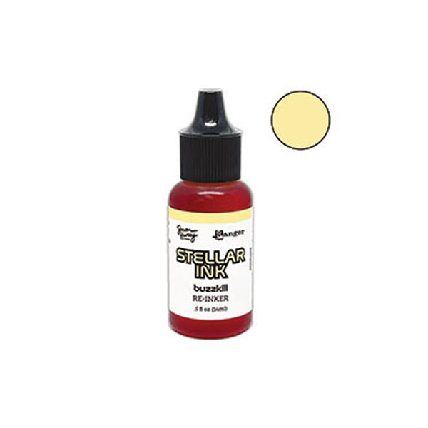 Bottle of Stellar Ink Buzzkill Reinker with a yellow color swatch on a white background