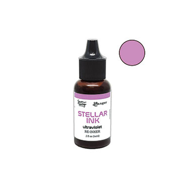 Bottle of Stellar Ink Ultraviolet reinker with a small sample of purple ink on a white background