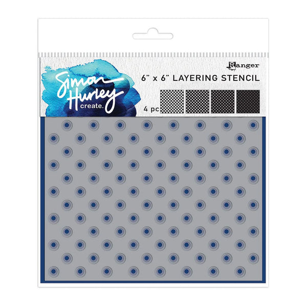 Layering stencil with circular patterns on a white background, featuring Simon Hurley branding.
