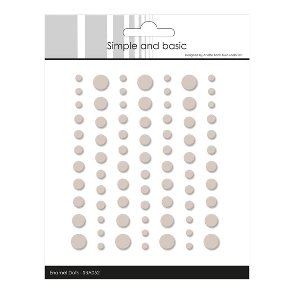 Packaging of 'Simple and Basic' enamel dots with a white background