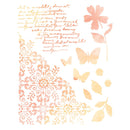 Decorative sheet with floral, butterfly, and damask designs on a white background