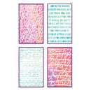 Four colorful art cards with text and patterns on a white background