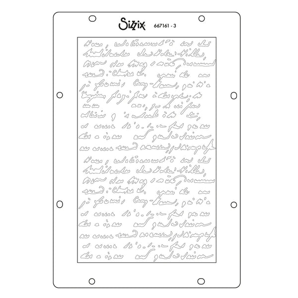 Sizzix embossing folder with cursive text design on a white background