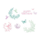Decorative birthday card with flowers, birds, and butterflies on a white background.