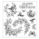 Black and white illustration of birds, flowers, and a rabbit with 'Happy Birthday' text.