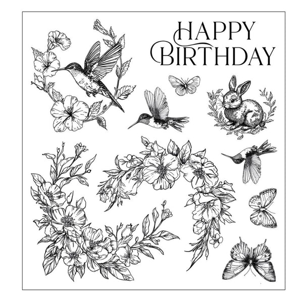 Black and white illustration of birds, flowers, and a rabbit with 'Happy Birthday' text.