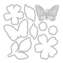 Metallic floral and butterfly shapes on a white background