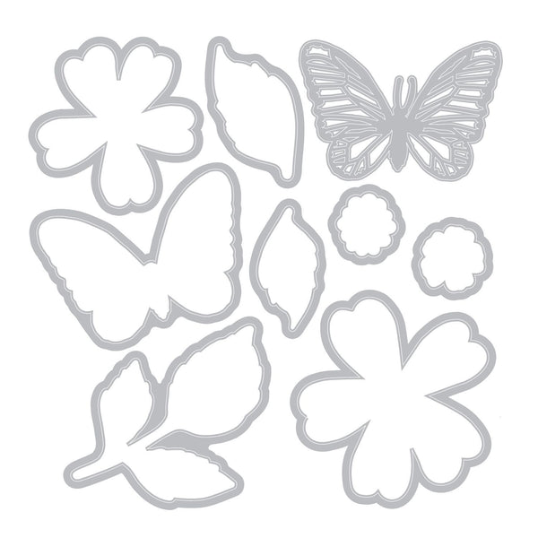 Metallic floral and butterfly shapes on a white background