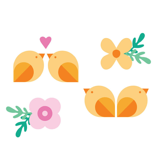 Two cartoon chicks, a pink heart, and two flowers on a white background