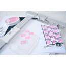 Card with 'hello' text and pink envelope stamps on a white background