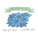 Blue floral design with green banner and text on a white background