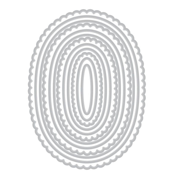 Set of oval-shaped metal dies on a white background