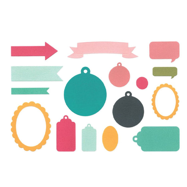 Set of colorful decorative paper cutouts on a white background