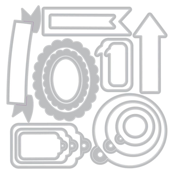 Set of metal dies in various shapes on a white background