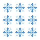Nine blue and light blue snowflake patterns arranged in a 3x3 grid on a white background.