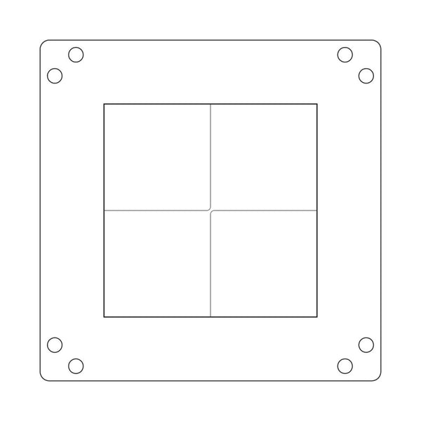 Outline of a square with rounded corners and circular holes on a white background