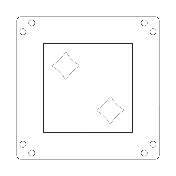 Outline of a rectangular object with circular elements on a white background