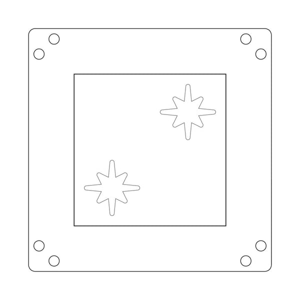 Outline of a star design on a square background with circular elements around it.
