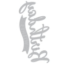 Metallic silver cutout with decorative text on a white background