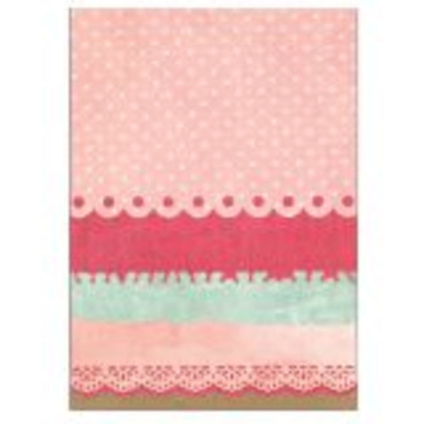 Decorative paper with pink and green patterned border on a white background