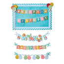 Colorful birthday banner with balloons and decorative elements on a white background