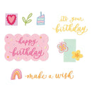 Decorative birthday elements with text and illustrations on a white background