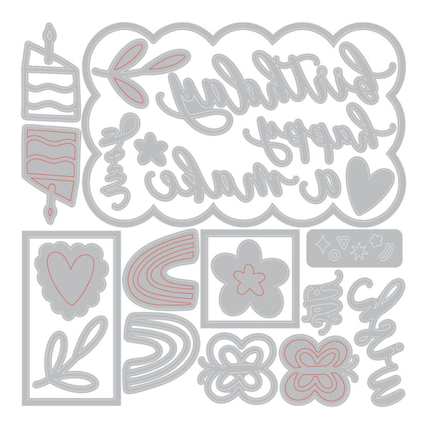 Set of metal dies with various shapes and text on a white background
