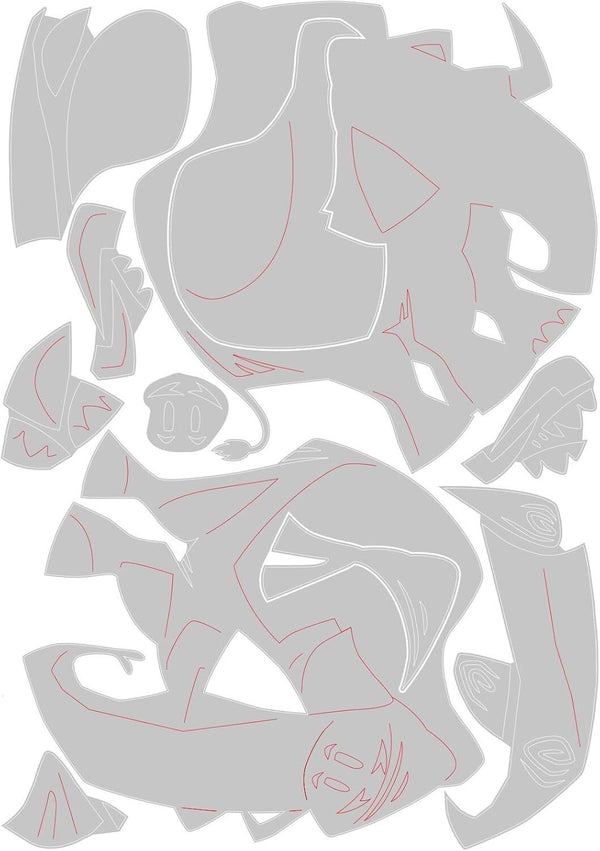 Abstract art piece with geometric shapes in gray and red on a white background