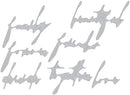 Silver metallic word stickers on a white background