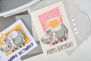 Two 'Hippo Birthday' greeting cards on a gray surface
