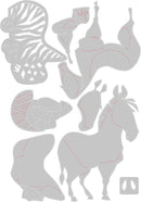 Set of gray animal silhouettes with red outlines on a white background