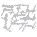 Set of metal dies with engraved text on a white background