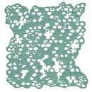 Teal textured square with white circular patterns on a white background