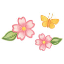 Two pink flowers with green leaves and a yellow butterfly on a white background