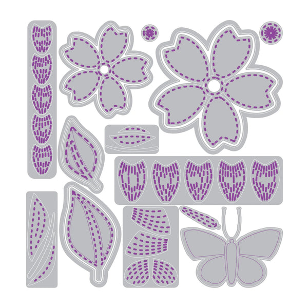 Set of floral and butterfly stencils with purple patterns on a white background