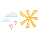Decorative elements including a yellow star, pink hearts, and blue clouds on a white background