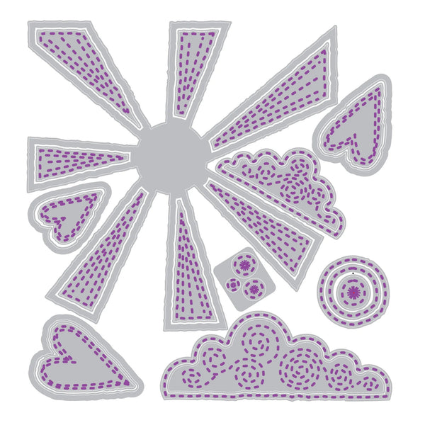 Set of purple heart and cloud-shaped cutting dies on a white background