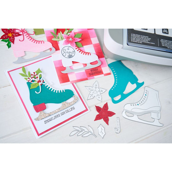 Card with ice skate design and cutout shapes on a white surface