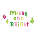 Decorative text 'Merry and Bright' with Christmas ornaments on a white background