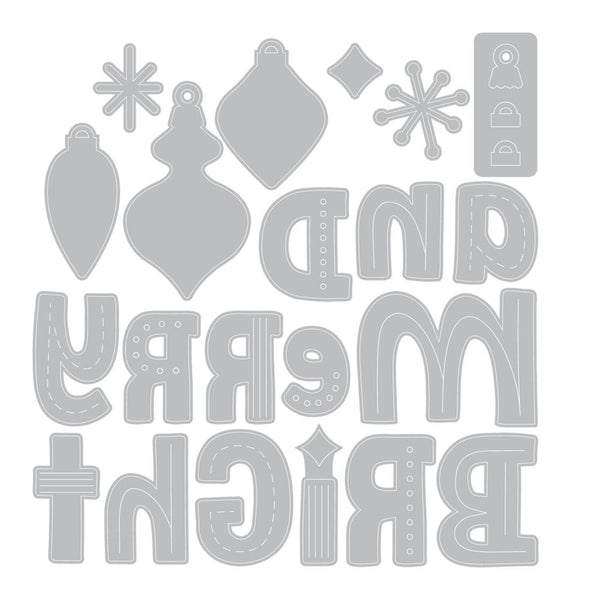 Metallic Christmas-themed letter cutouts on a white background