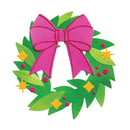 Colorful Christmas wreath with a pink bow on a white background