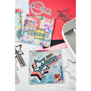 Colorful greeting cards with star designs and text, surrounded by star-shaped cutouts on a white background.