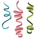 Three colorful spiral ribbons in blue, pink, and green on a white background