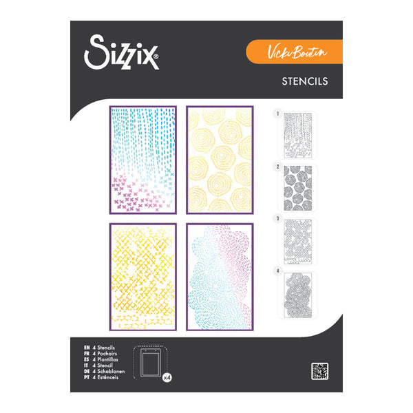 Sizzix stencil set packaging with various patterns on a white background