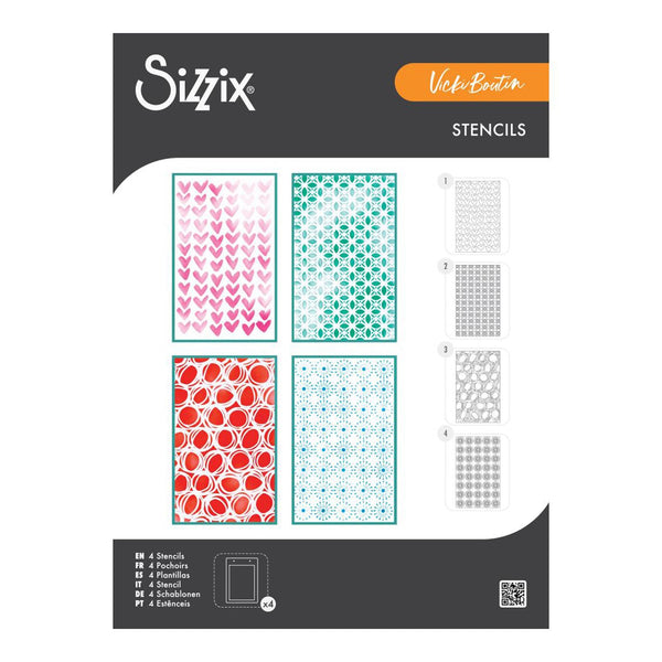 Sizzix stencil set packaging with various patterns on a white background